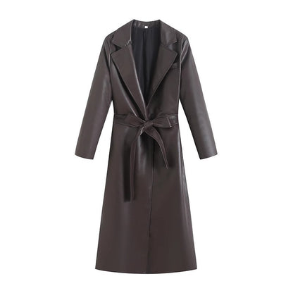 Autumn New Faux Leather Lace-up Waist Trimming Coat