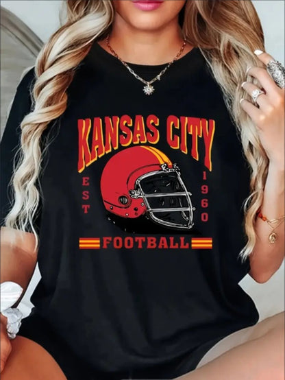 KC, Football Graphic Print T-Shirt - Crew Neck, A Comfortable Women's Short-sleeved Crew Neck T-shirt For Everyday Wear And Stylish Layering