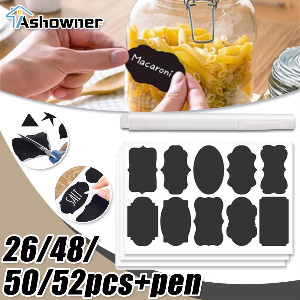 50Pcs/Sets Jars Labels Erasable Chalkboard Labels Waterproof Spice Sticker Craft Kitchen Blackboard Sticker Bottles Tag with Pen