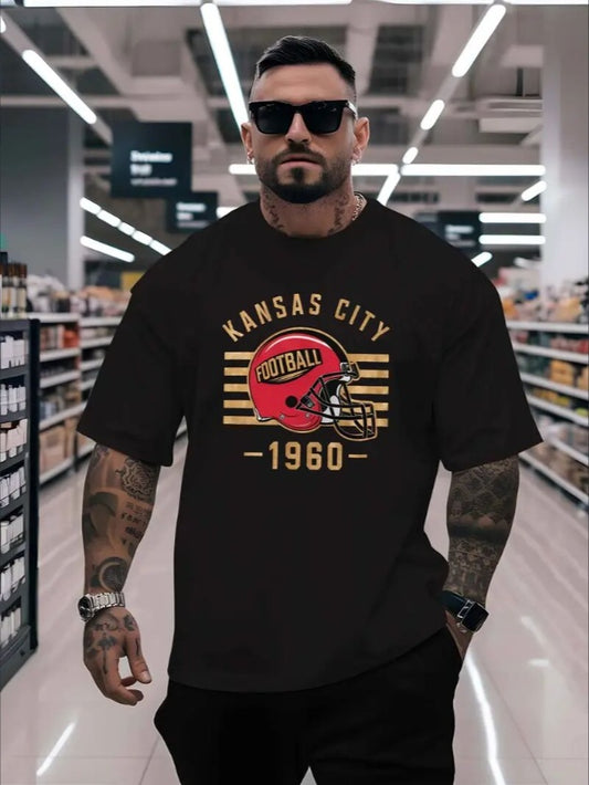 Men's KC Football Graphic Print Crew Neck Short-sleeved T-shirt