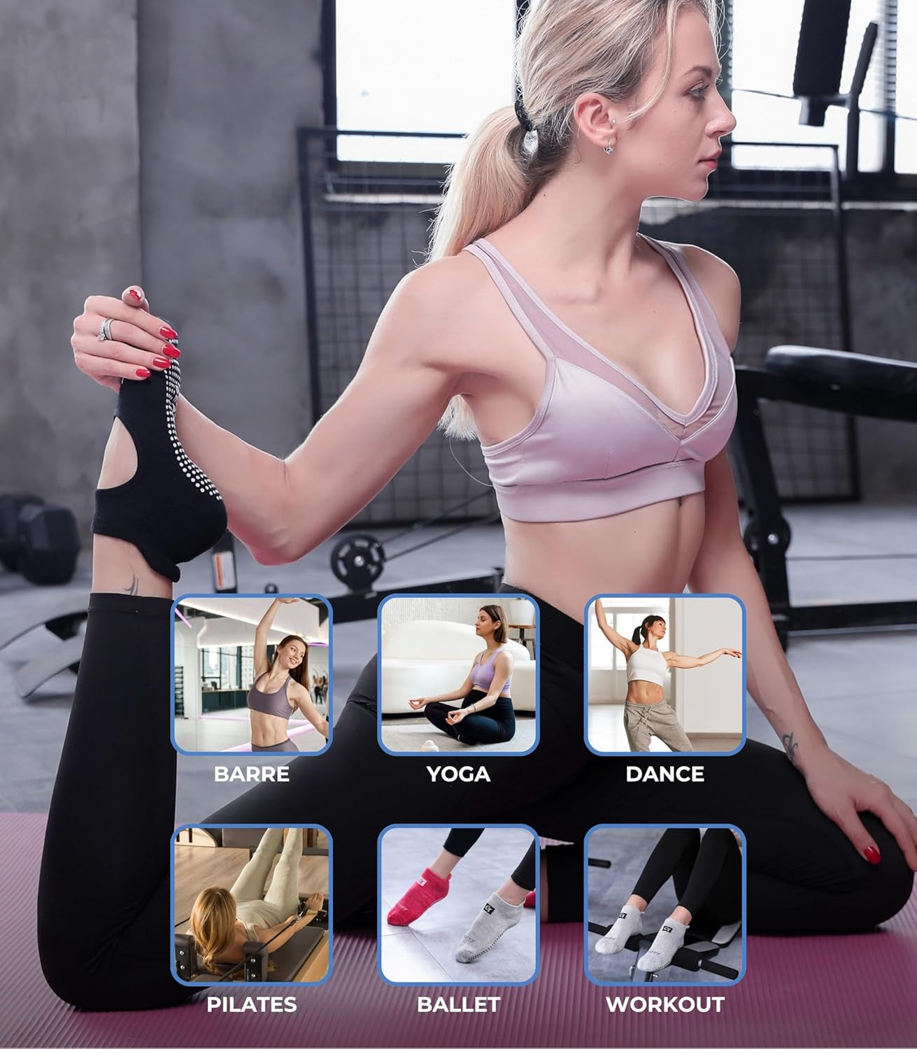 Non-Slip Socks Yoga Barre Pilates Hospital Maternity Sock W/Grips for Women Men 2-Pairs Black