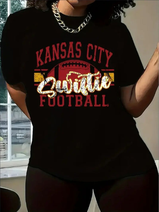 KC, Football Graphic Print T-Shirt - Crew Neck, A Comfortable Women's Short-sleeved Crew Neck T-shirt For Everyday Wear And Stylish Layering