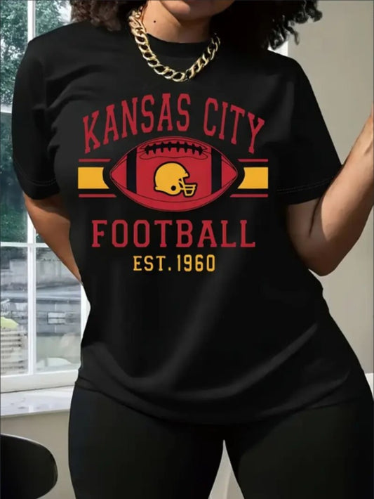 KC, Football Graphic Print T-Shirt - Crew Neck, A Comfortable Women's Short-sleeved Crew Neck T-shirt For Everyday Wear And Stylish Layering