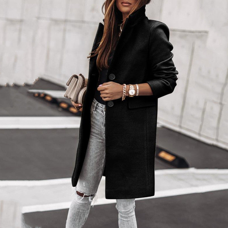 Simplicity Long Sleeve Button Woolen Coat Overcoat